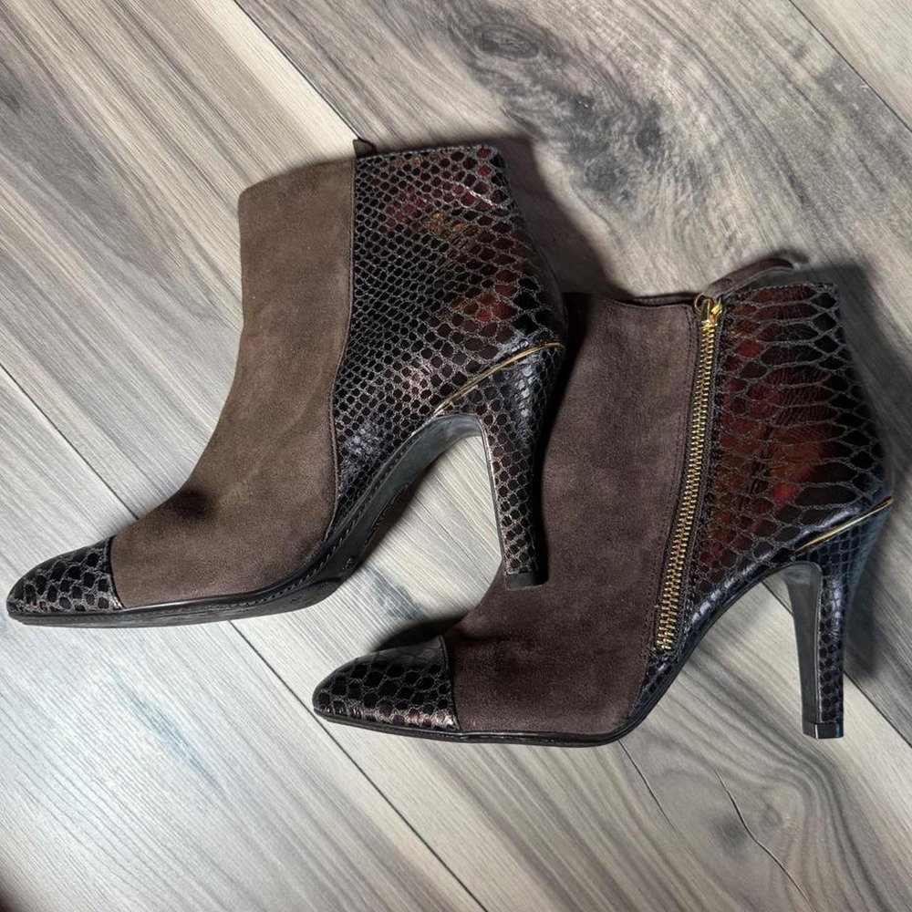Sofft brown snake print ankle boots with a chic 3.5" heel